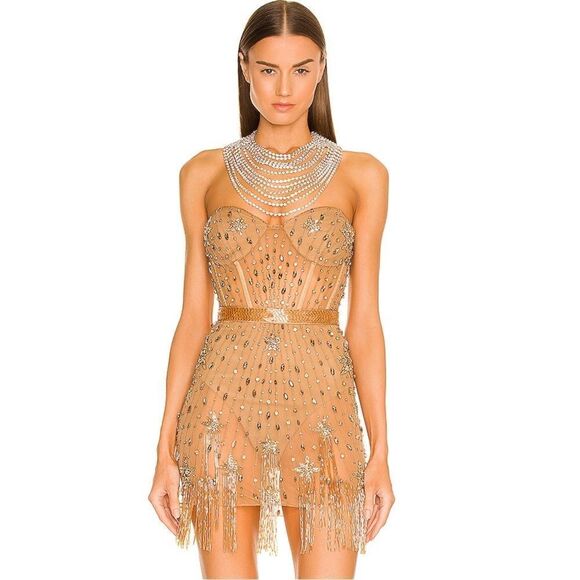 DUNDAS Dresses & Skirts - DUNDAS x REVOLVE Marilyn Embellished Mini Dress in Gold Crystals Beading Fringe